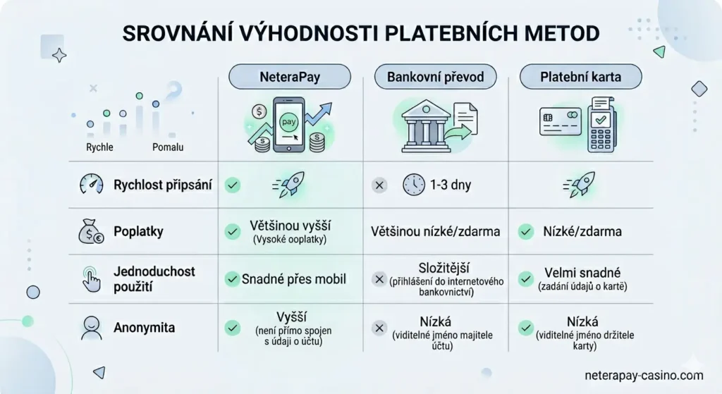 Srovnávací graf výhodnosti NeteraPay vs. Bankovní převod vs. Platební karta
